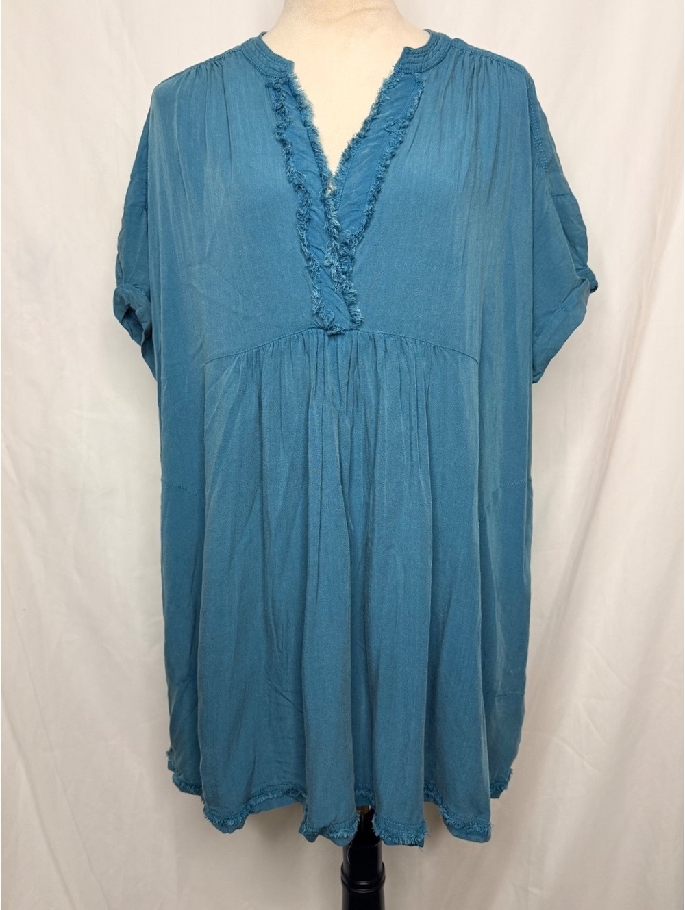 Olivaceous Boho Deep Teal Frayed Trim Babydoll Mini Dress Small